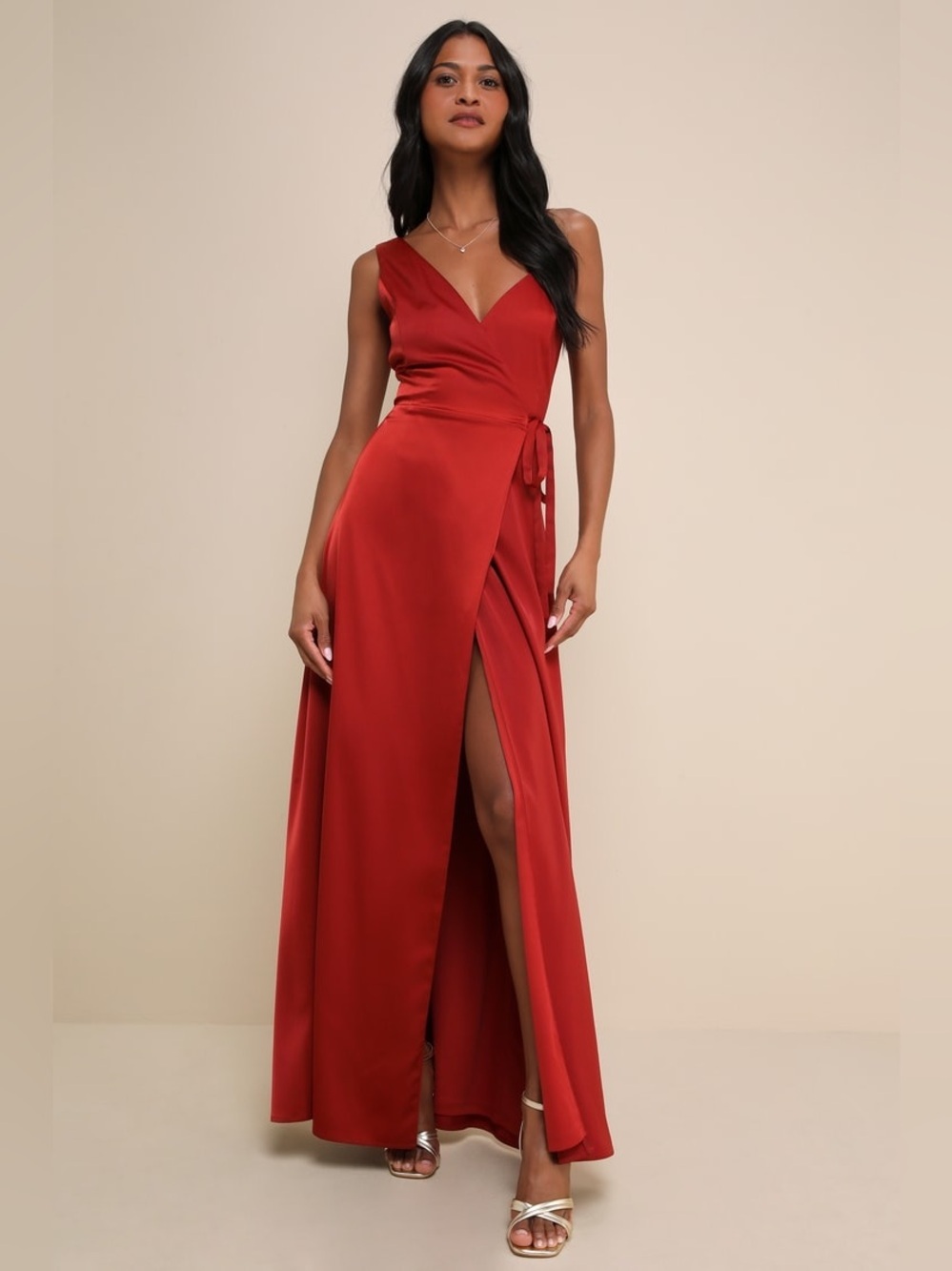 Lulus Poised Sophistication Rust Red Satin Wrap Maxi Dress - NWT - 63" Length